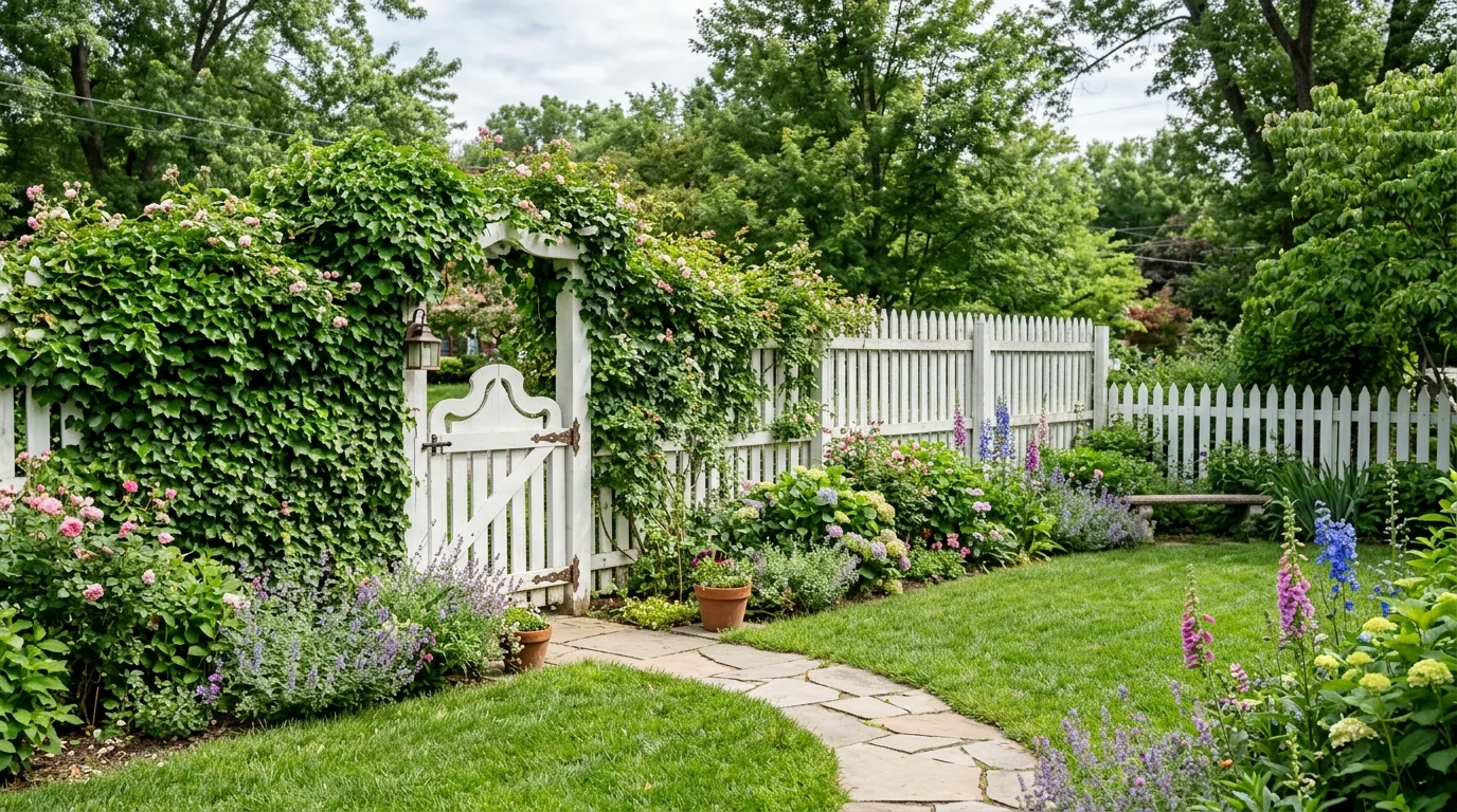 White Picket Fence With Ivy and Gate